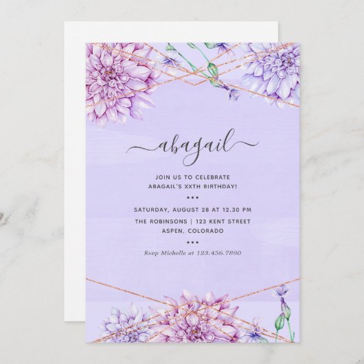 Lavender und Gold Floral Geometric Birthday Einladung (Vorne/Hinten)