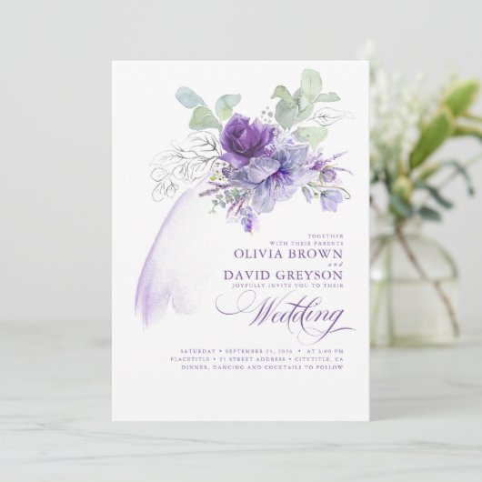 Lavender und Silver Elegante Moderne Boho Hochzeit Einladung (Stehend Vorderseite)