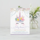 Lavender Unicorn Girl Babydusche Einladung (Stehend Vorderseite)
