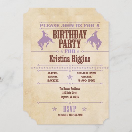 Lavender Vintag Cowboy Einladung (Vorne/Hinten)