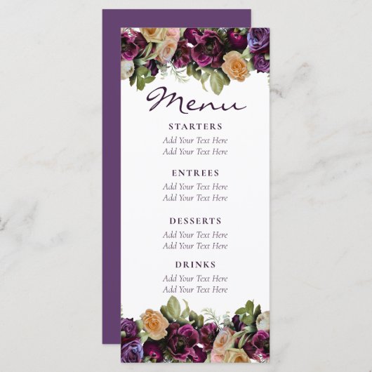 Lavender Vintage florale Elegante Wedding Menu Menükarte (Vorne/Hinten)