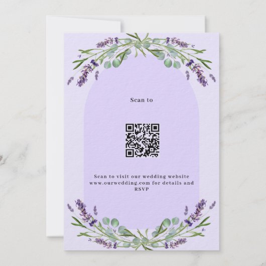 Lavender violet Blumenbogen QR UAWG Luxushochzeit Einladung (Rückseite)