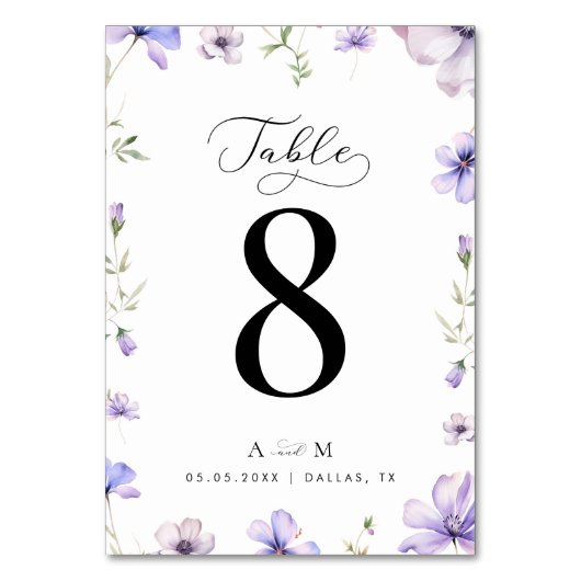 Lavender Violet Floral Script Monogram Wedding Tischnummer (Vorderseite)