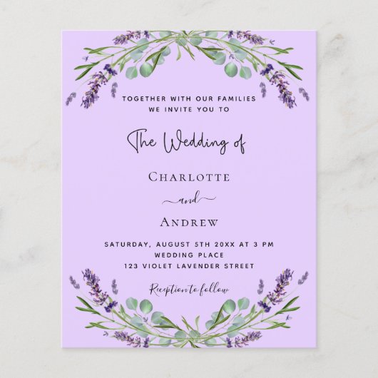 Lavender violet QR-Code Budget Einladung zur Hochz (Vorderseite)