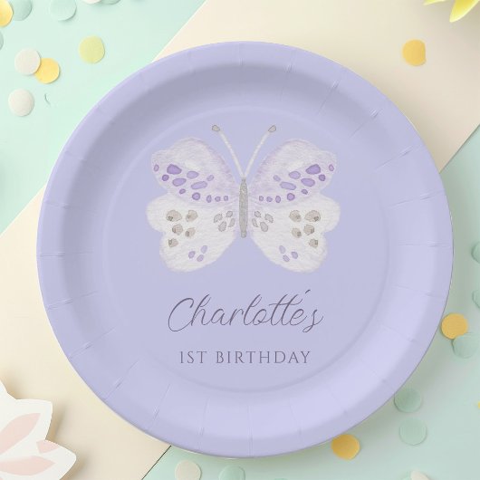 Lavender Watercolor Butterfly 1st Birthday Party Pappteller