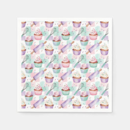 Lavender Watercolor Cupcake Pink Green Checkered  Serviette