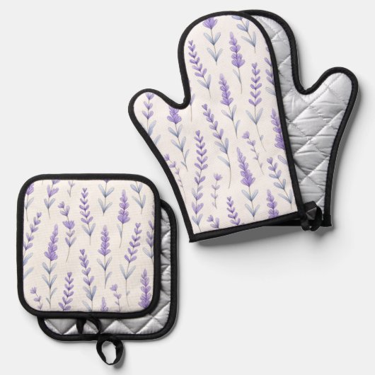 Lavender Watercolor Floral Ofenhandschuh & Topflappen-Set (Vorderseite/Rückseite)