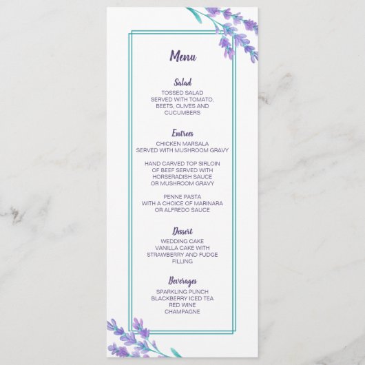 Lavender Watercolor Floral Wedding Card Menükarte (Vorderseite)