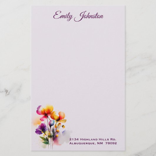 Lavender Watercolor Flowers Custom Stationery Briefpapier (Vorderseite)
