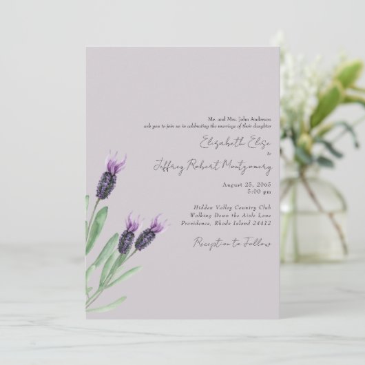 Lavender Watercolor Foliage Moderne Hochzeit Einladung (Stehend Vorderseite)