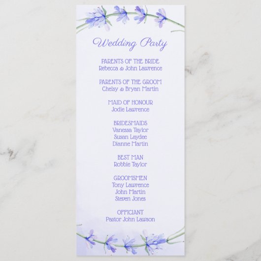 Lavender Watercolor Hochzeitsprogramme Programm (Rückseite)