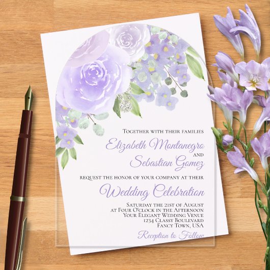 Lavender Watercolor Rose Elegantes Arch Wedding Acryleinladungen