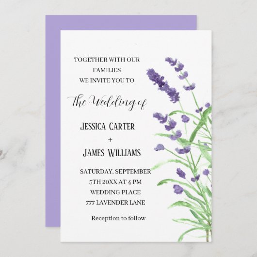 Lavender Watercolor Rustikale Elegante Hochzeit Einladung (Vorne/Hinten)