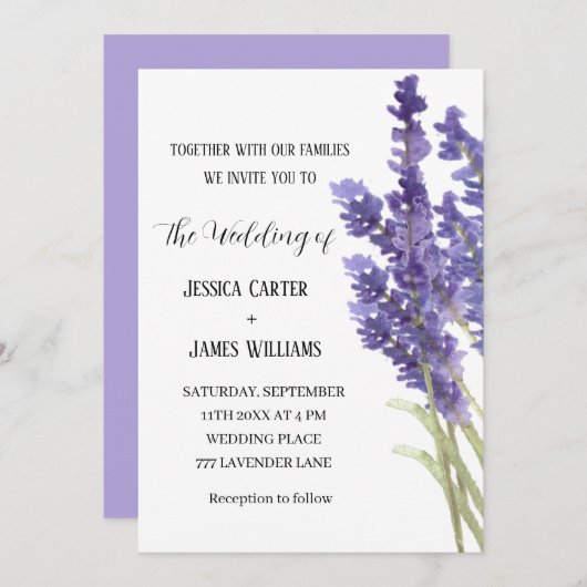 Lavender Watercolor Rustikale Elegante Hochzeit Einladung (Vorne/Hinten)