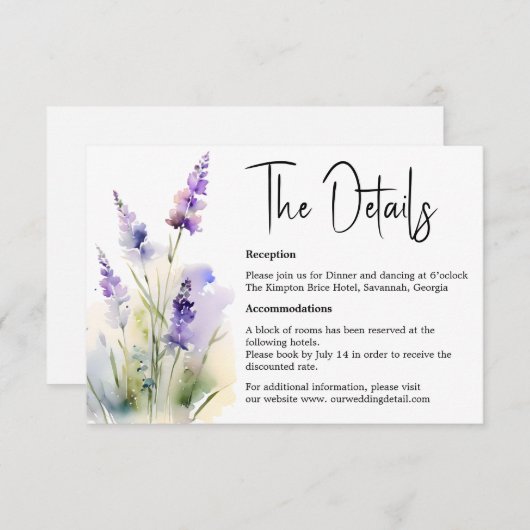 Lavender Watercolor Wedding Details Karte (Vorne/Hinten)