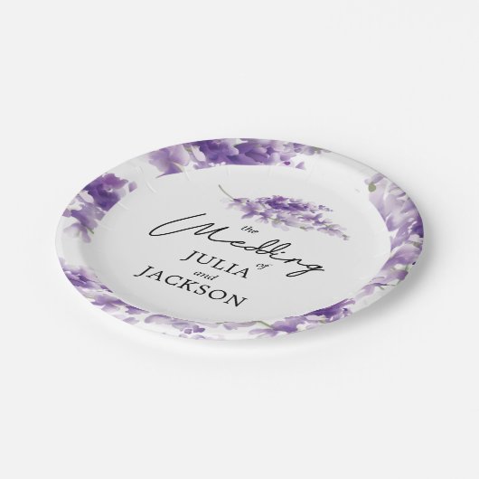 Lavender Watercolor Wedding Elegant Personalisiert Pappteller (Schrägansicht)