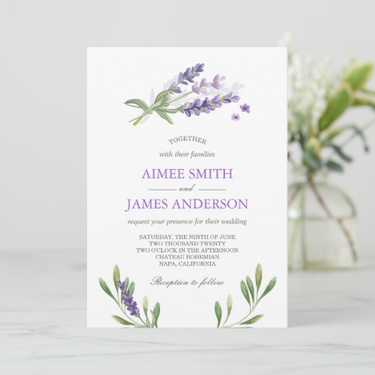 Lavender Wedding Einladung Rustikale Elegante Blum (Stehend Vorderseite)