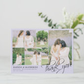 Lavender Wedding Foto Collage Script Vielen Dank Dankeskarte (Stehend Vorderseite)