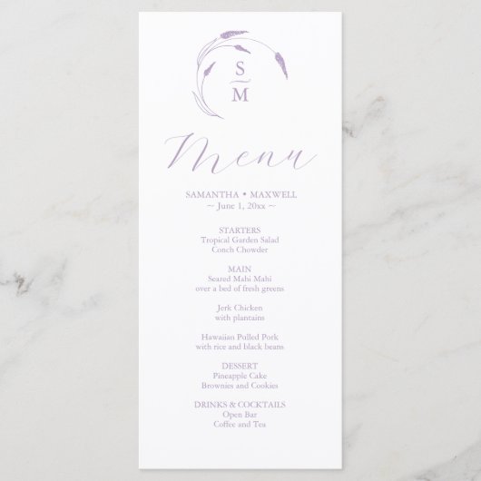 Lavender Wedding Menus Einfache Monogram Menükarte (Vorderseite)