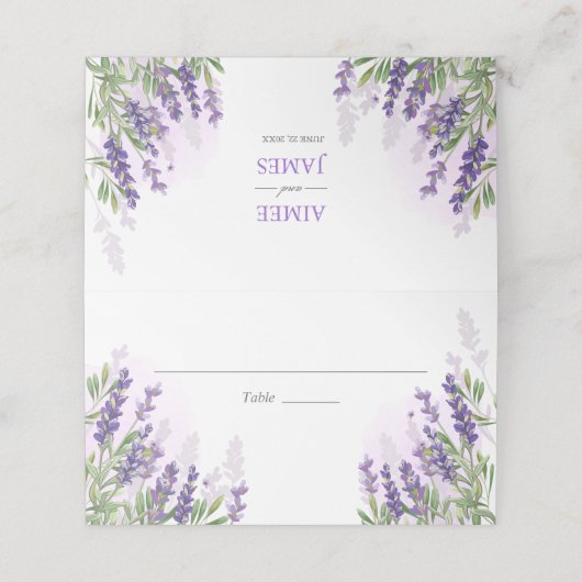 Lavender Wedding Platzkarte Rustic Pastel Lila (Außenseite Aufgefaltet)