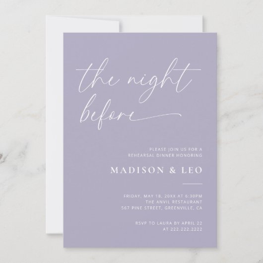 Lavender Wedding Probe Dinner Einladung (Vorderseite)