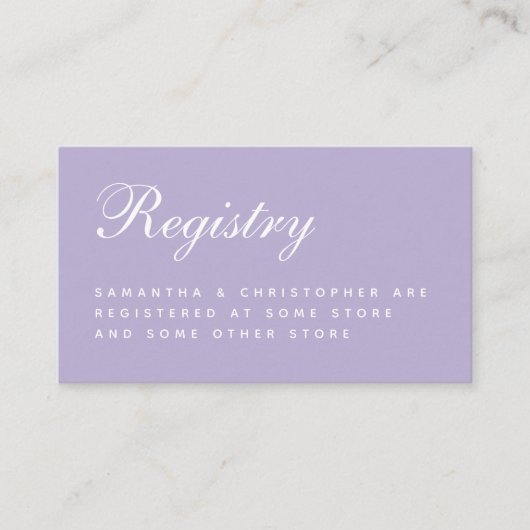 Lavender Wedding Registry Einfaches Skript Lila Begleitkarte (Vorderseite)