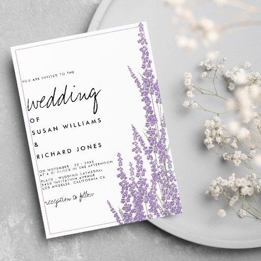 Lavender weißen handgeschriebenen Drehbuch Blumenh Einladung
