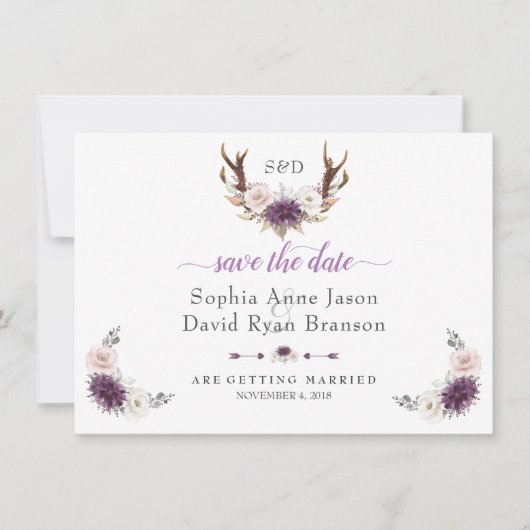 Lavender White Blush Floral Antlers Wedding Save The Date (Vorderseite)