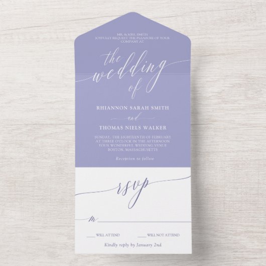Lavender White Delicate Calligrafy Wedding All In One Einladung (Innen Boden)