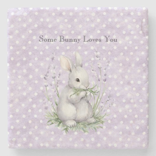 Lavender White Polka Dots Bunny Rabbit Love Steinuntersetzer (Vorderseite)