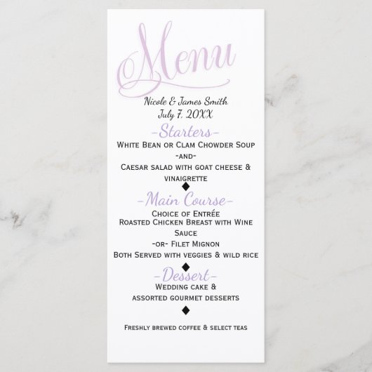 Lavender & White Simple Elegante Wedding Menu Card Menükarte (Vorderseite)