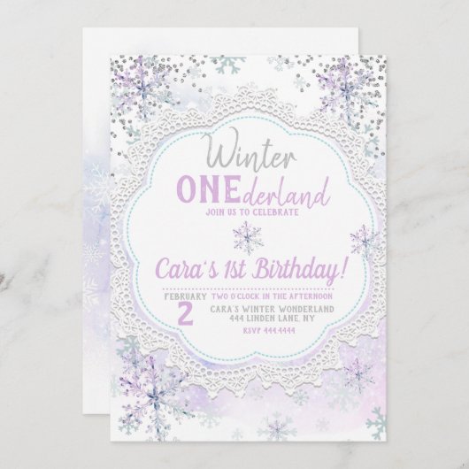 Lavender Winter Onederland 1. Geburtstag Einladung (Vorne/Hinten)