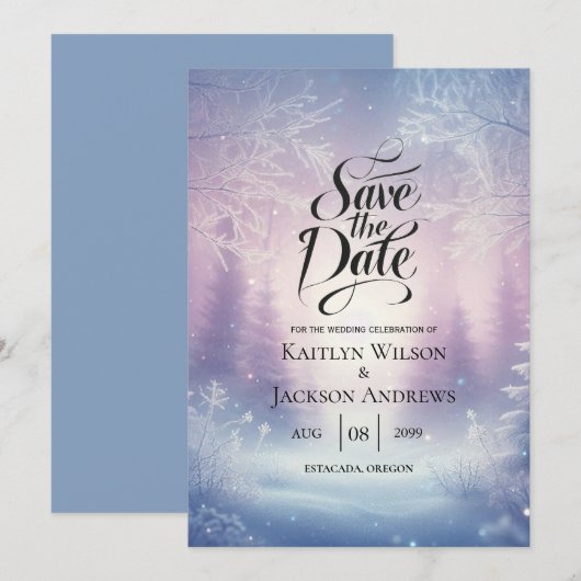 Lavender Winter Snowfall Serenade Wedding Save The Date (Vorne/Hinten)