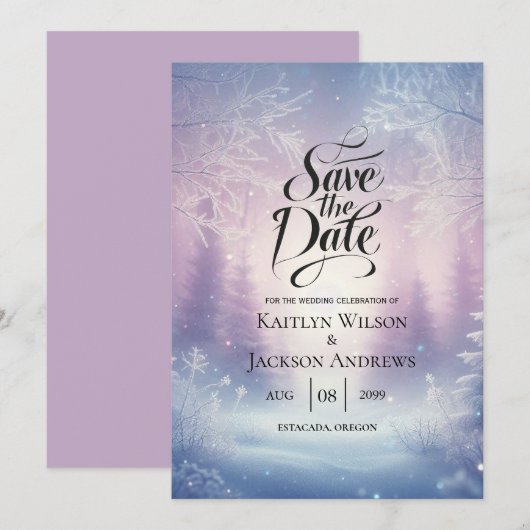Lavender Winter Snowfall Serenade Wedding Save The Date (Vorne/Hinten)