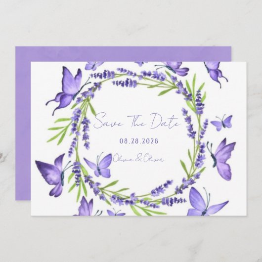 Lavender Wisteria & Butterfliegen Save the Date (Vorne/Hinten)