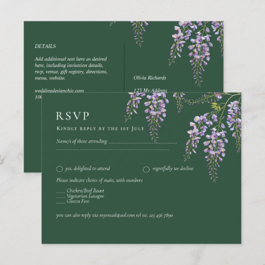 Lavender WISTERIA Emerald Green All-in-1 Wedding Postkarte (Vorne/Hinten)