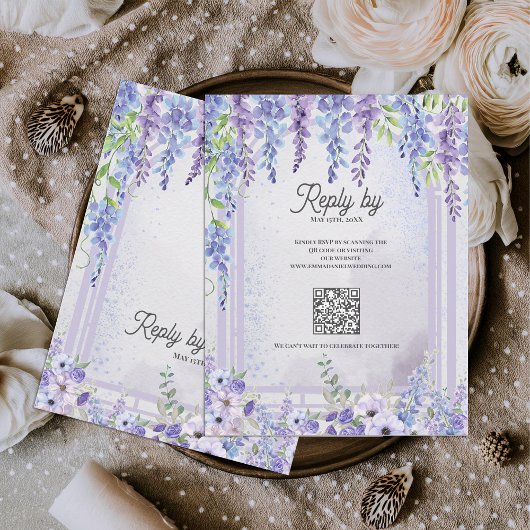 Lavender Wisteria Floral Arch QR Code Wedding RSVP Karte