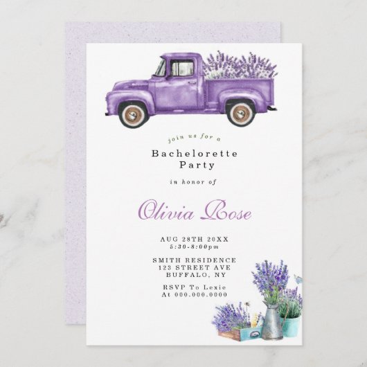 Lavender Wisteria Truck Bachlorette Party Invites (Vorne/Hinten)
