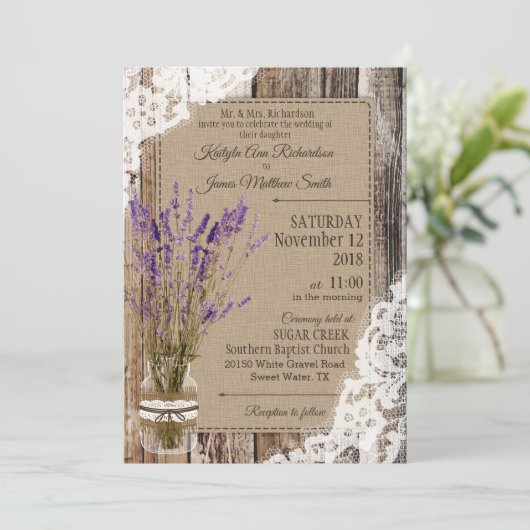 Lavender Wood Lace Rustic Wedding Einladung (Stehend Vorderseite)