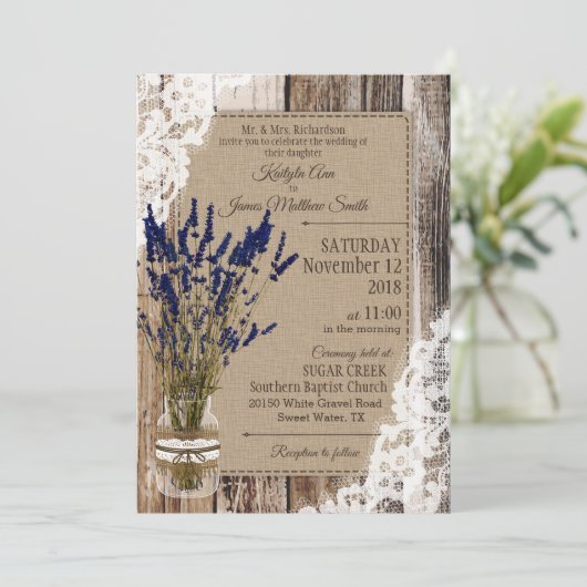 Lavender Wood Lace Rustic Wedding Einladung (Stehend Vorderseite)
