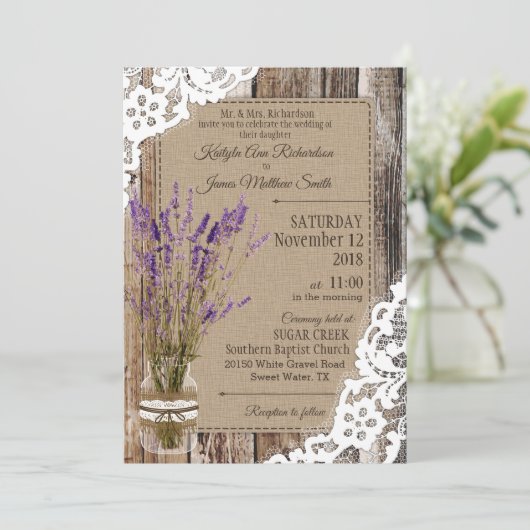 Lavender Wood Lace Rustic Wedding Einladung (Stehend Vorderseite)