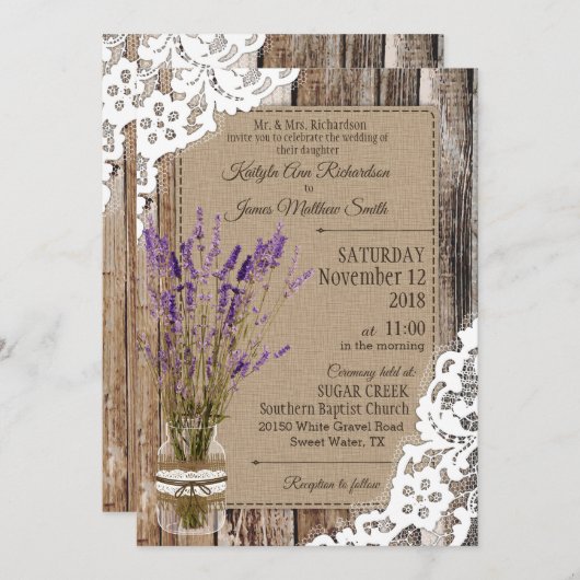 Lavender Wood Lace Rustic Wedding Einladung (Vorne/Hinten)