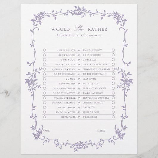 Lavender 'Would She Rather' Bridal Shower Game (Vorderseite)
