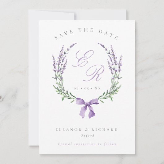 Lavender Wreath & Bow Monogram Wedding Foto Save The Date (Vorderseite)
