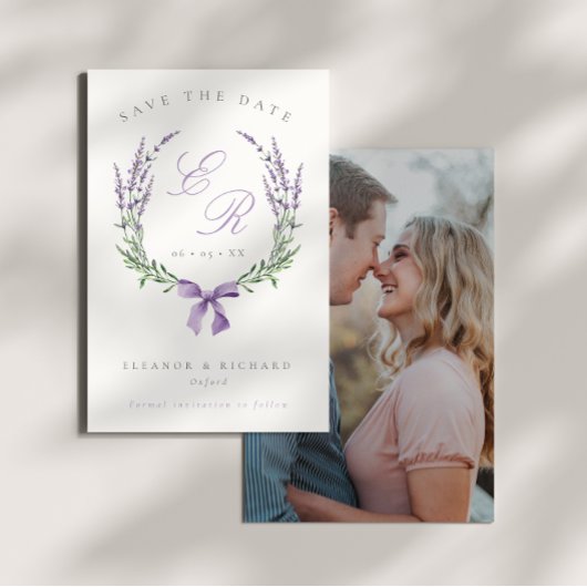 Lavender Wreath & Bow Monogram Wedding Foto Save The Date