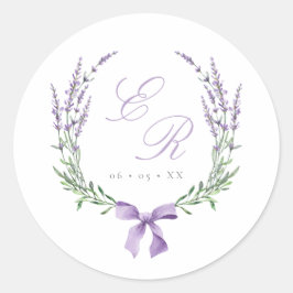 Lavender Wreath & Bow Monogram Wedding Runder Aufkleber