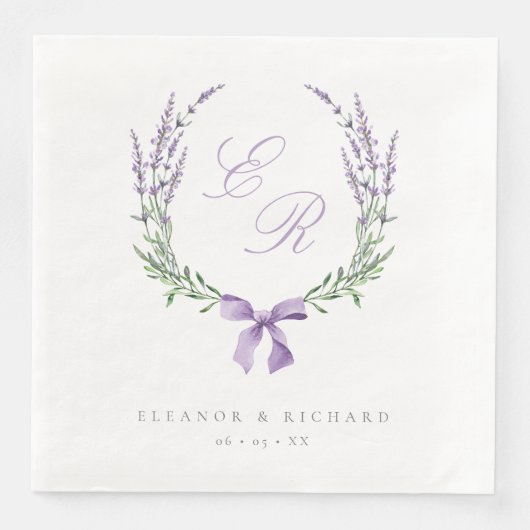 Lavender Wreath & Bow Monogram Wedding Serviette (Vorderseite)