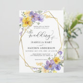 Lavender Yellow Chic Floral Gold Frame Wedding Einladung (Stehend Vorderseite)