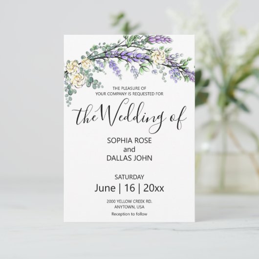 Lavender Yellow Rose Eukalyptus elegant Einladung (Stehend Vorderseite)