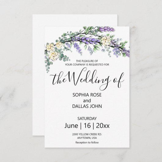 Lavender Yellow Rose Eukalyptus elegant Einladung (Vorne/Hinten)